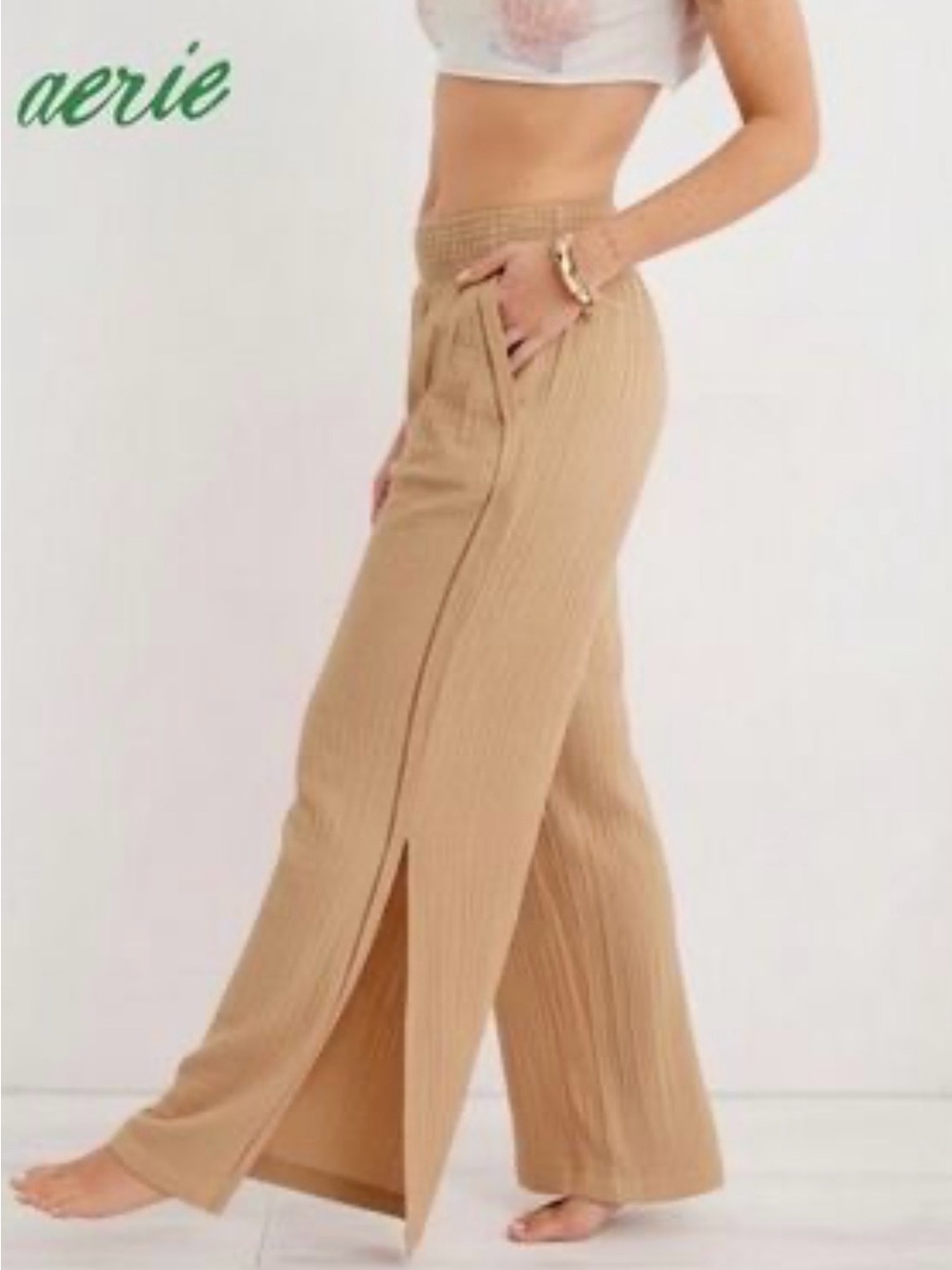 aerie Ribbed Wide-Leg Split-Hem Pants in Tan/